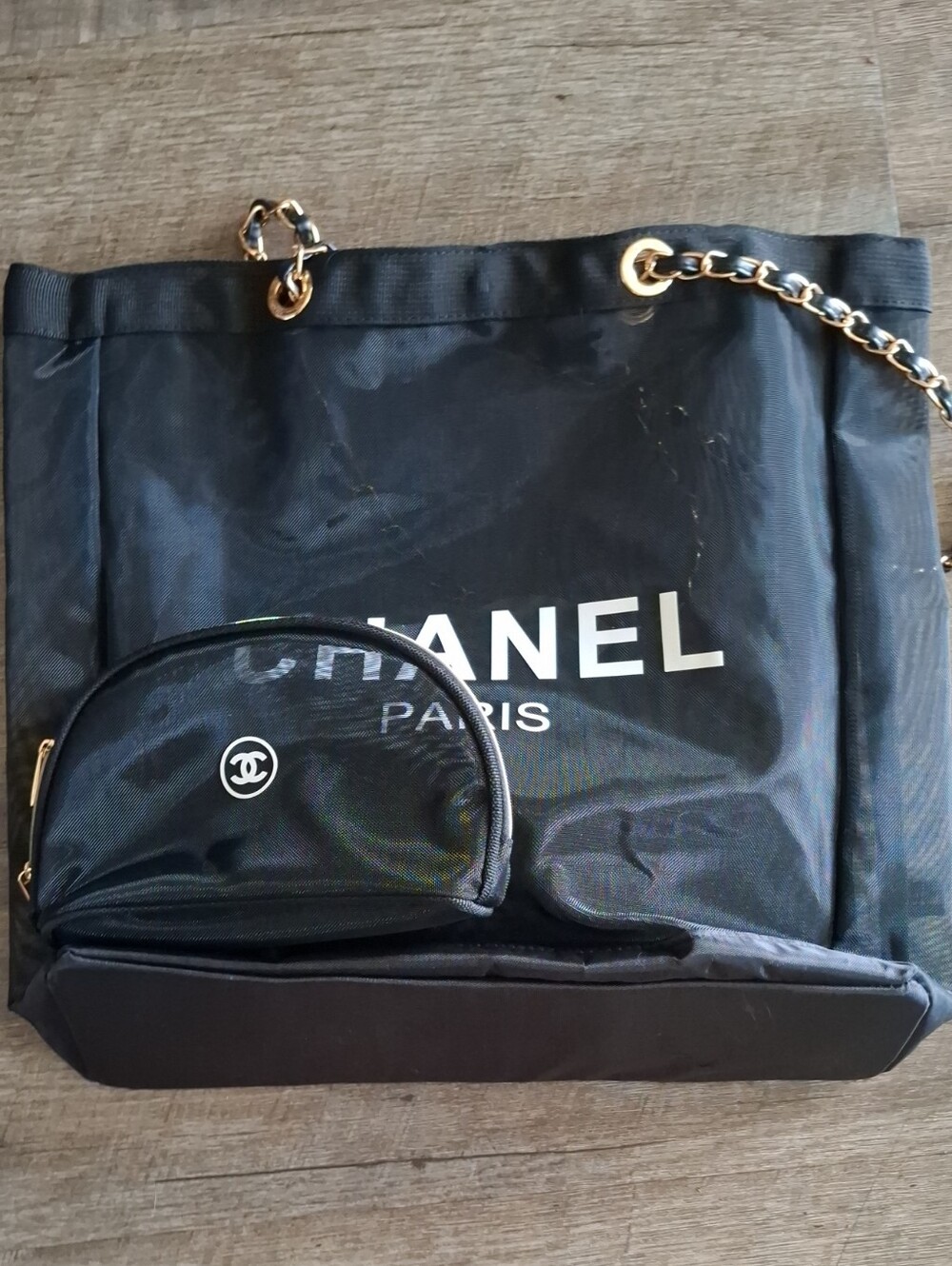 CHANEL Black Nylon Tote with Gold Chain Accents and Logo Pouch
